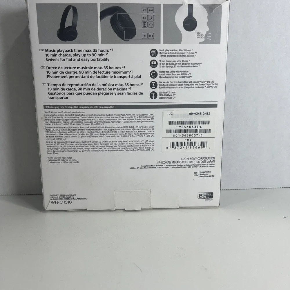 Sony WH-CH510 Wireless Bluetooth On-Ear Headphones Black WHCH510B USB-C